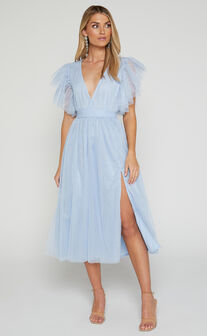 Laura Midi Dress - Short Flutter Sleeve V Neck Thigh Split Dress in Ice Blue