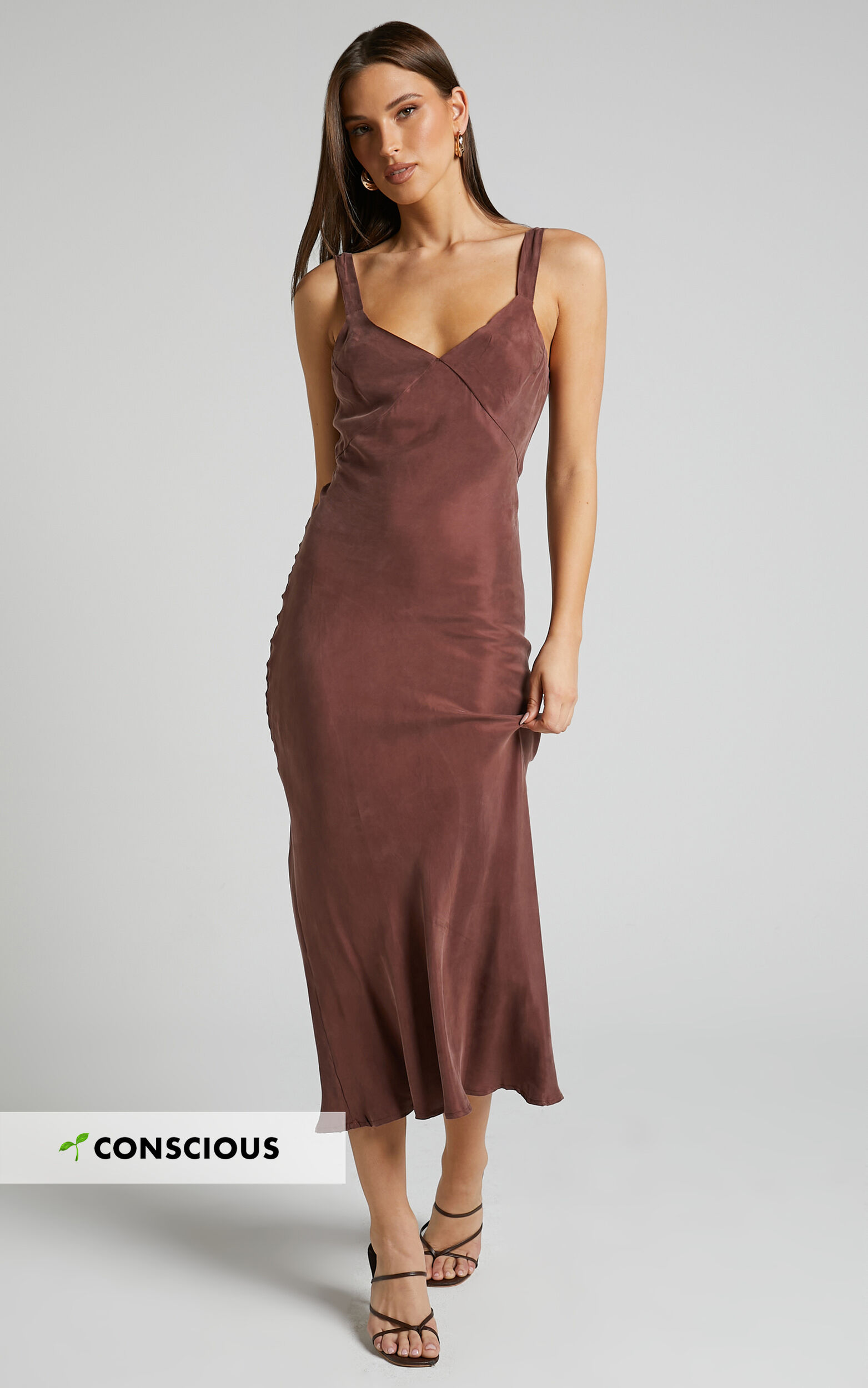Kaya Midi Dress - Cupro Slip Dress in Chocolate - 06, BRN2
