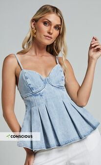 Amalie The Label - Addrianna Recycled Cotton Denim Cami in Light Blue Wash