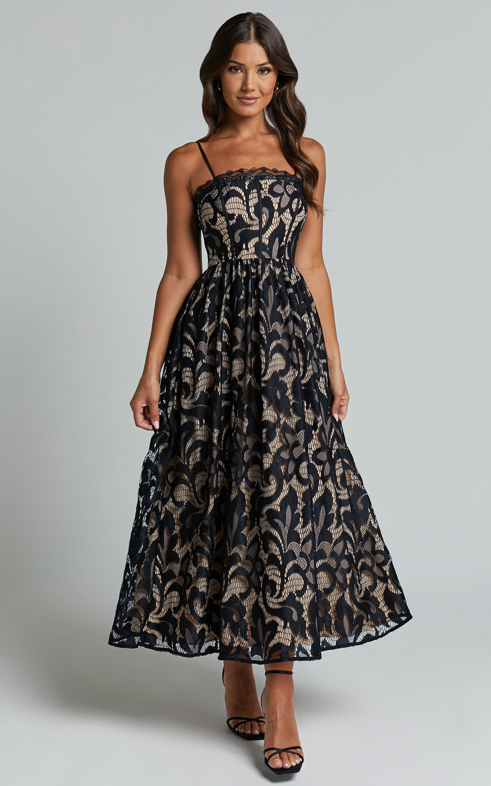 Madeleine Midi Dress - Strapless Lace Scallop Hem Dress in