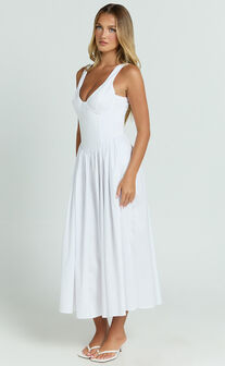 Beckett Midi Dress - Scoop Neck Drop V Waist Gathered Skirt Dress in White