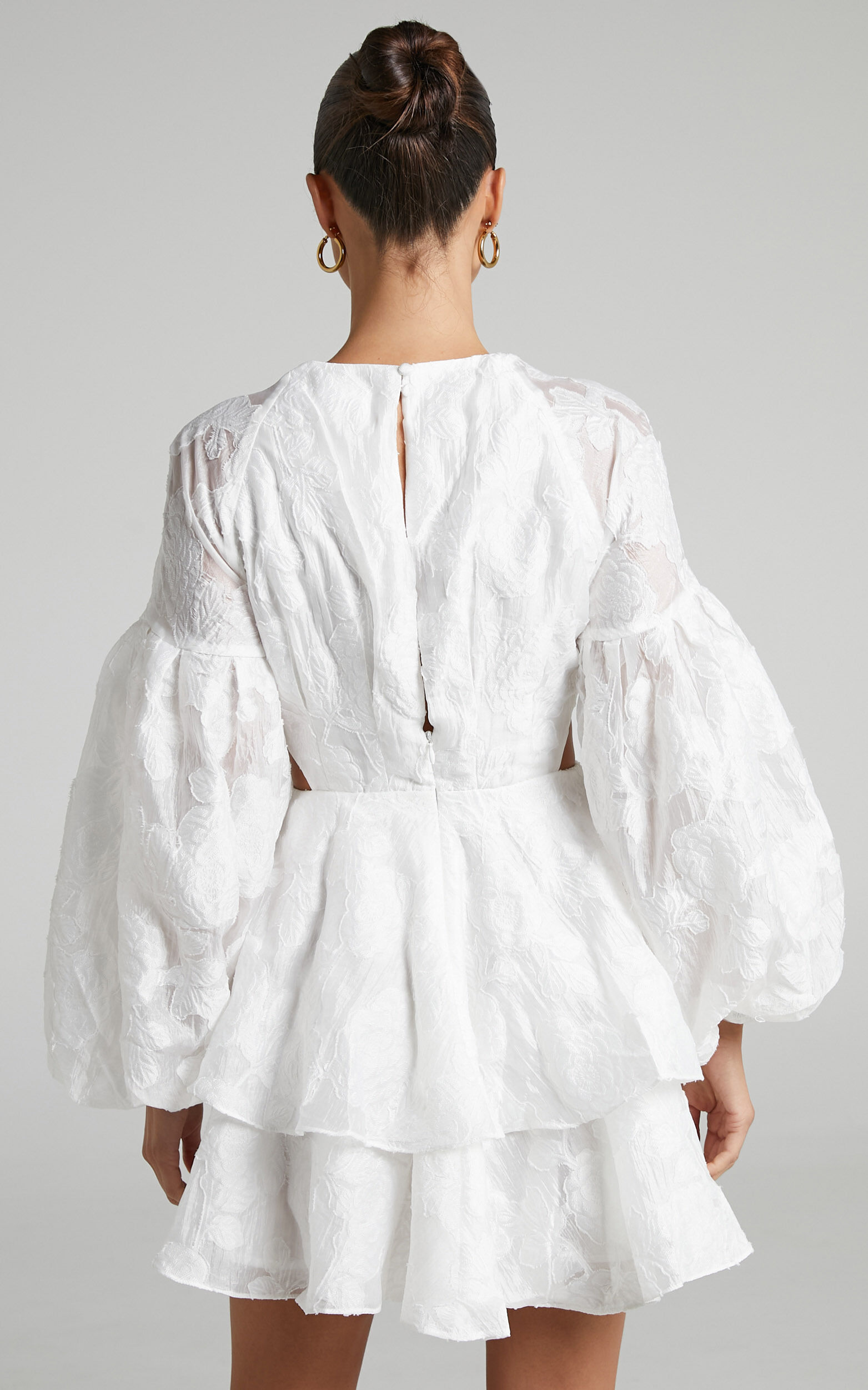 Allea Mini Dress - V Neck Balloon Sleeve Tiered Jacquard