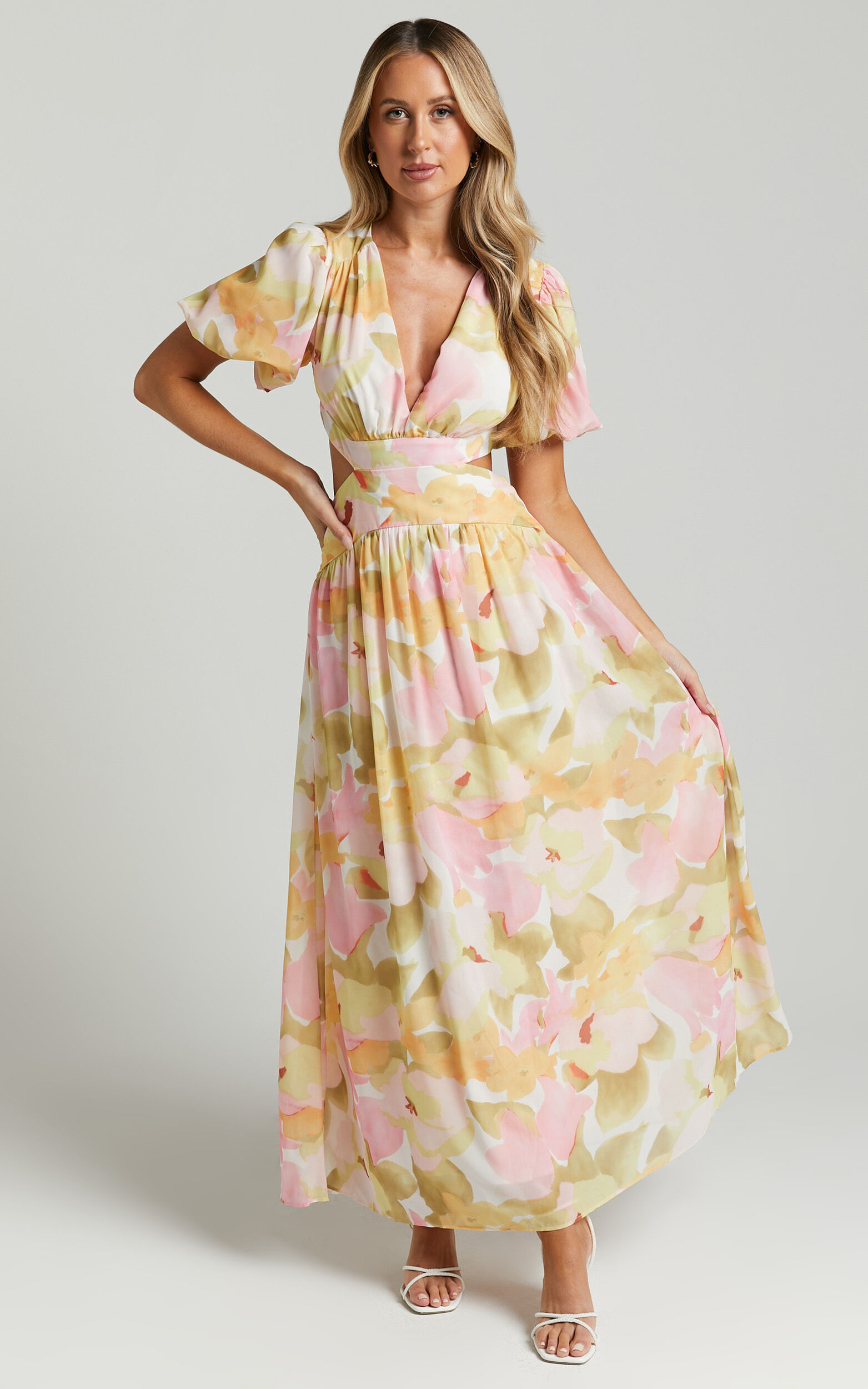 Aveline Midi Dress - Deep V Neck Puff Sleeve Fit and Flare Dress in Pink Floral - 06, PNK1