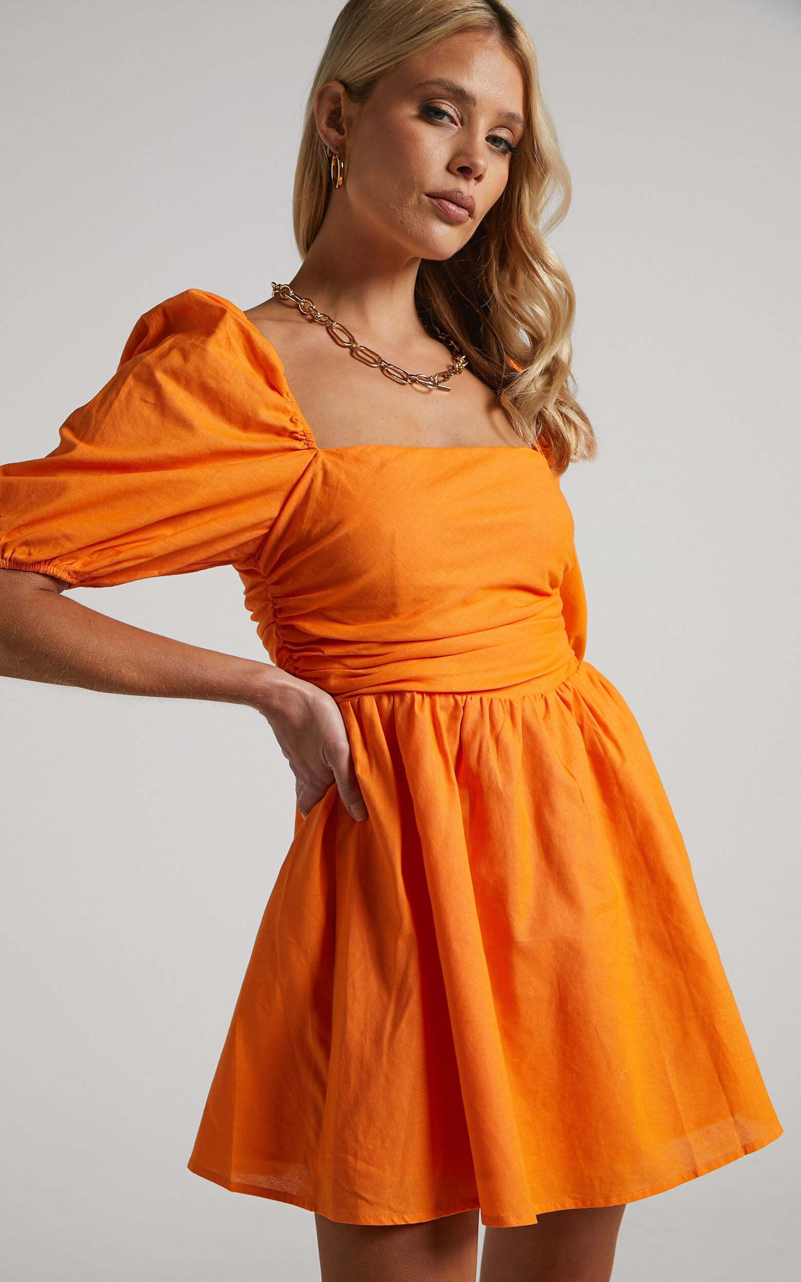 Claudina Mini Dress Linen Look Puff Sleeve Ruched Bodice Dress in Bright Orange Showpo USA