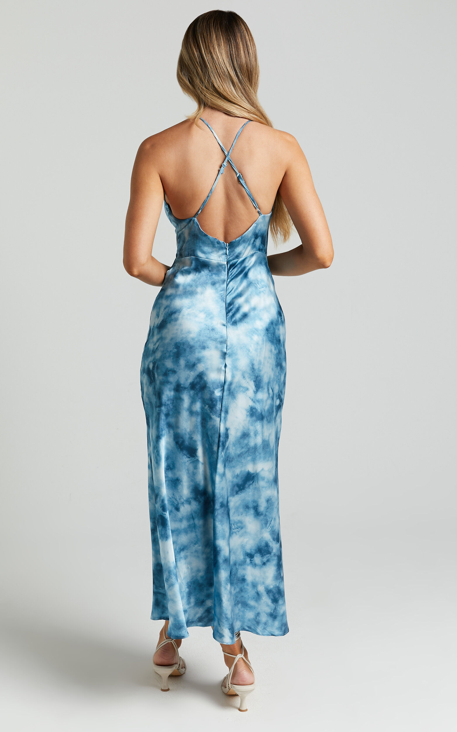 Tove Midi Dress Twist Front Cut Out Satin Dress in Blue Tie Dye