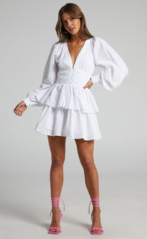 Suki Mini Dress - Plunge Neck Balloon Sleeve Tiered Ruffle Dress in White