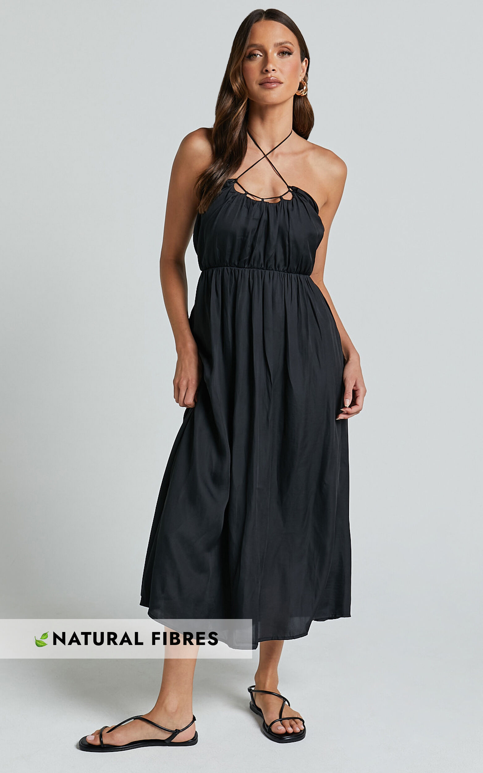 Andy Midi Dress - Halter Neck Ruched Bust Dress in Black - 06, BLK1