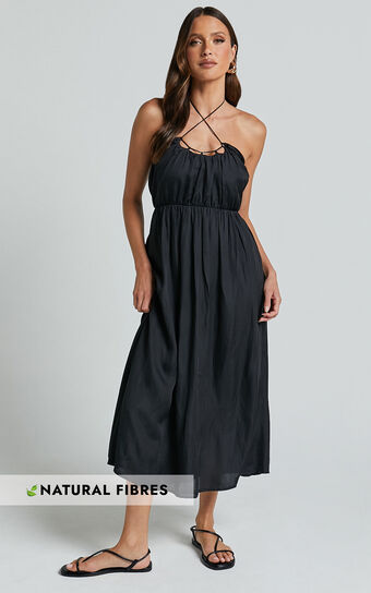 Andy Midi Dress - Halter Neck Ruched Bust Dress in Black