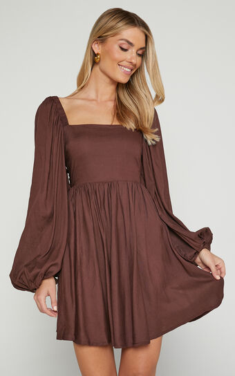 Alessandra Mini Dress - Linen Look Puff Sleeves Dress in Chocolate