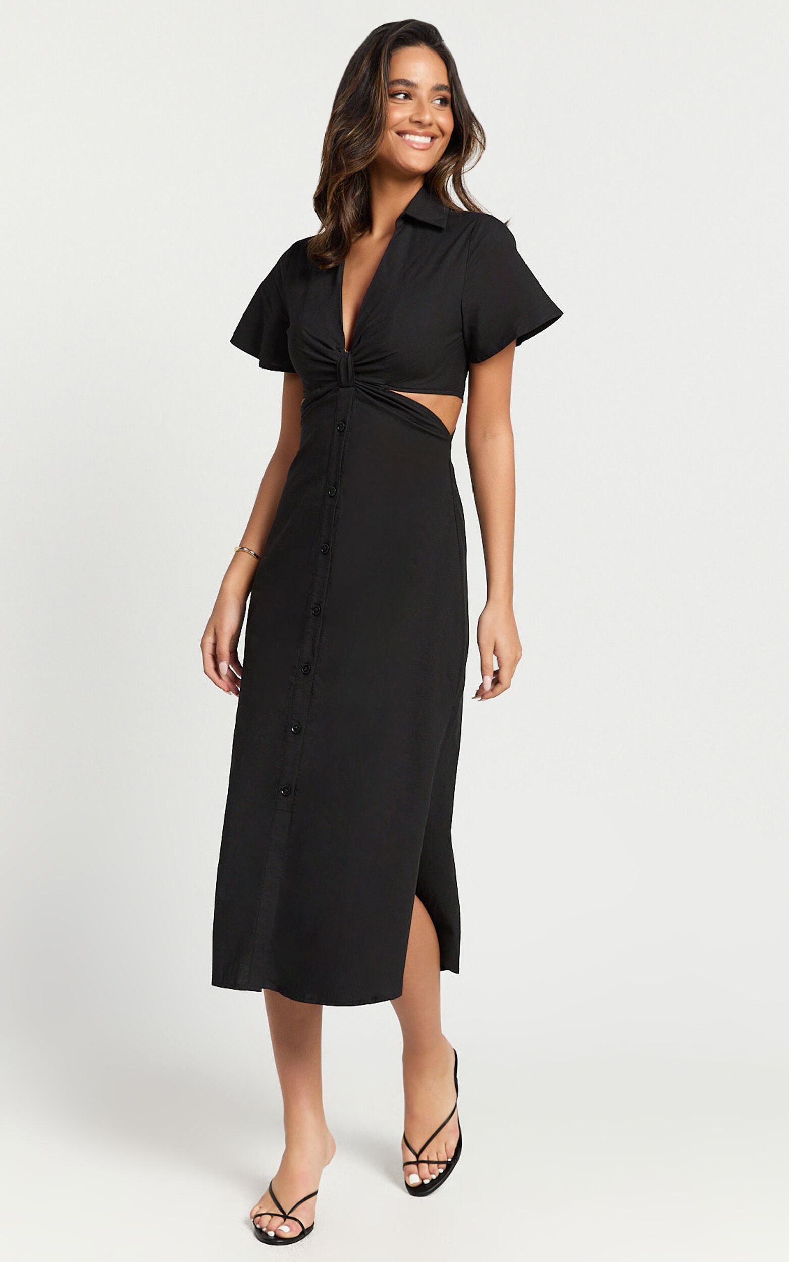 Aeryn Midi Dress - Front Twist Cut Out Shirt Dress in Black - 06, BLK1
