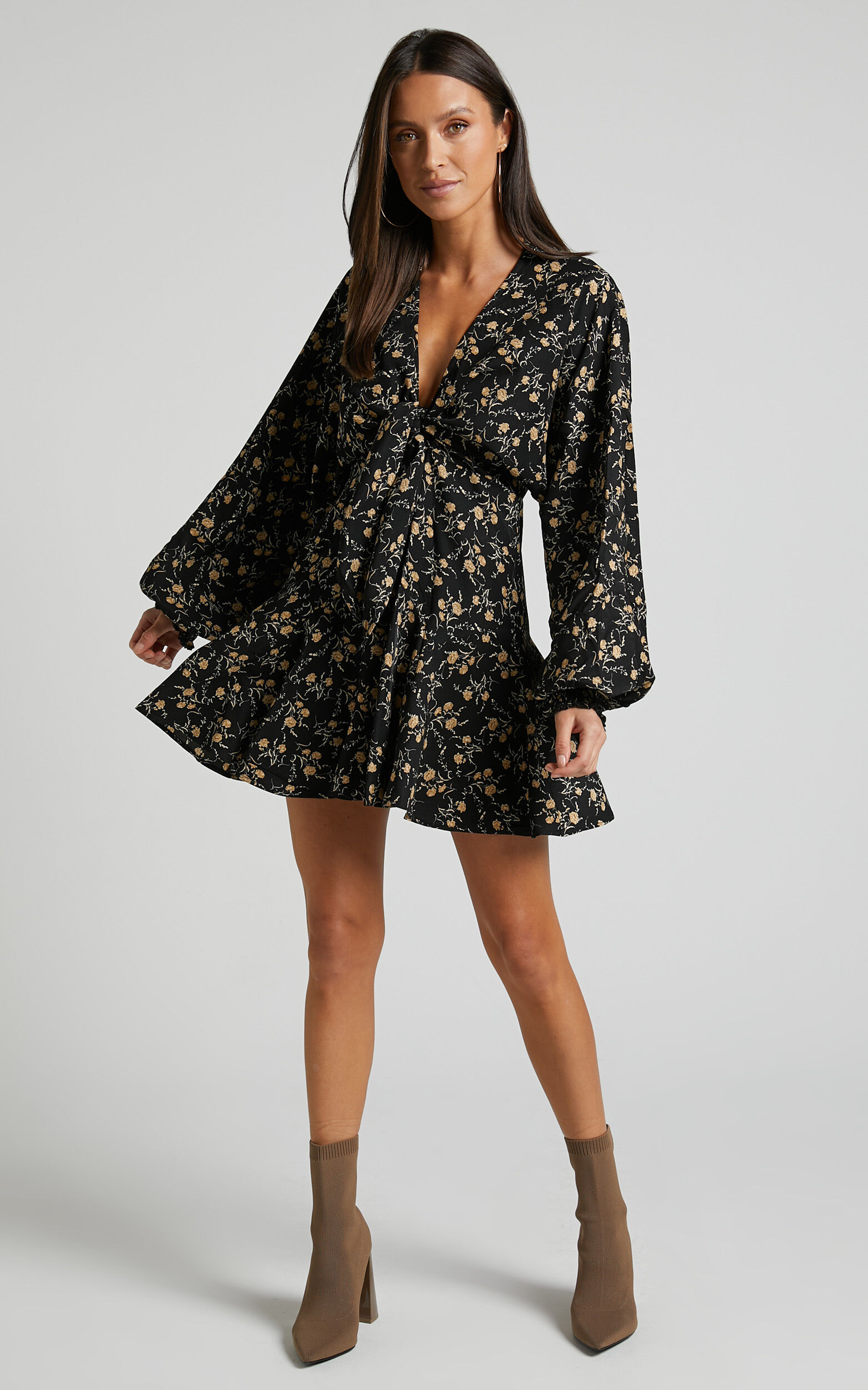 Zillion Mini Dress Long Sleeve Button Front Dress in Black Floral Showpo USA