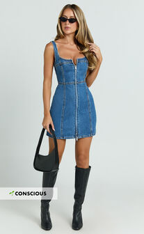 Chrysoula Mini Dress - Square Neck Zip Front Sleeveless Bodycon Denim in Mid Blue Wash