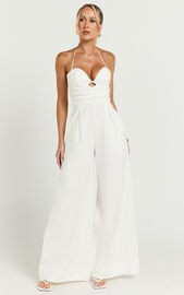 Norah Jumpsuit - Linen Look Halter Neck Wide Leg Jumpsuit in White | Showpo