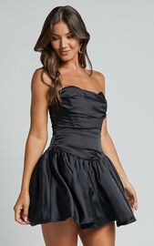 Edina Mini Dress - Strapless Drop Waist Puff Ball Dress in Black | Showpo
