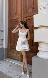 Lucia Mini Dress - Scoop Pearl Neck Boucle Dress in Cream | Showpo USA