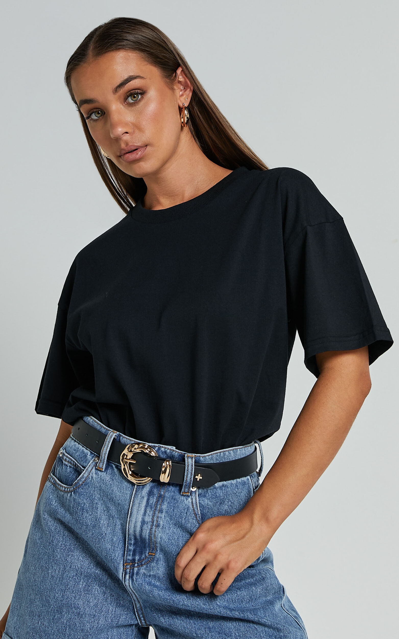 Prizza Top - Longline Boyfriend Tee Top in Black - 04, BLK1