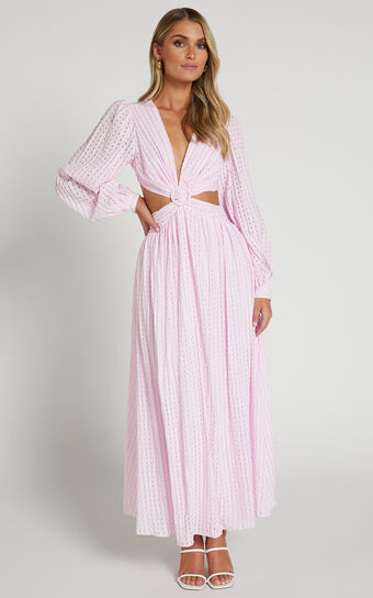 Chareese Midi Dress - Long Sleeve Side Cut Out Plunging Neckline Textured Dress in Pink