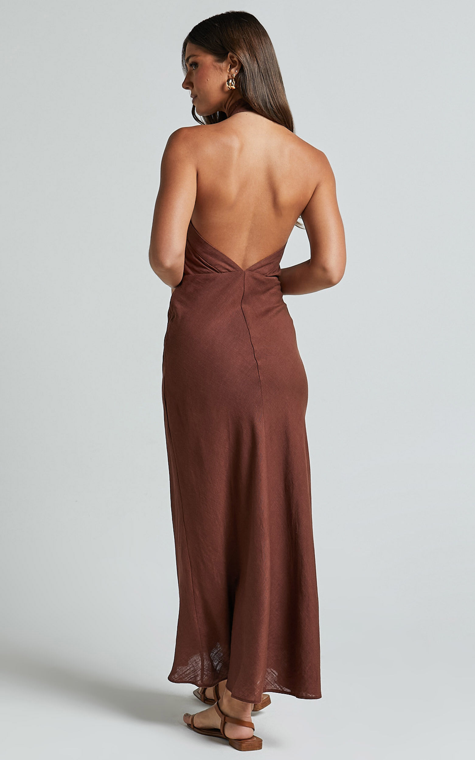 Maelynn Midi Dress Linen Look Twist Halter Neck Low Back Slip Dress in Chocolate Showpo