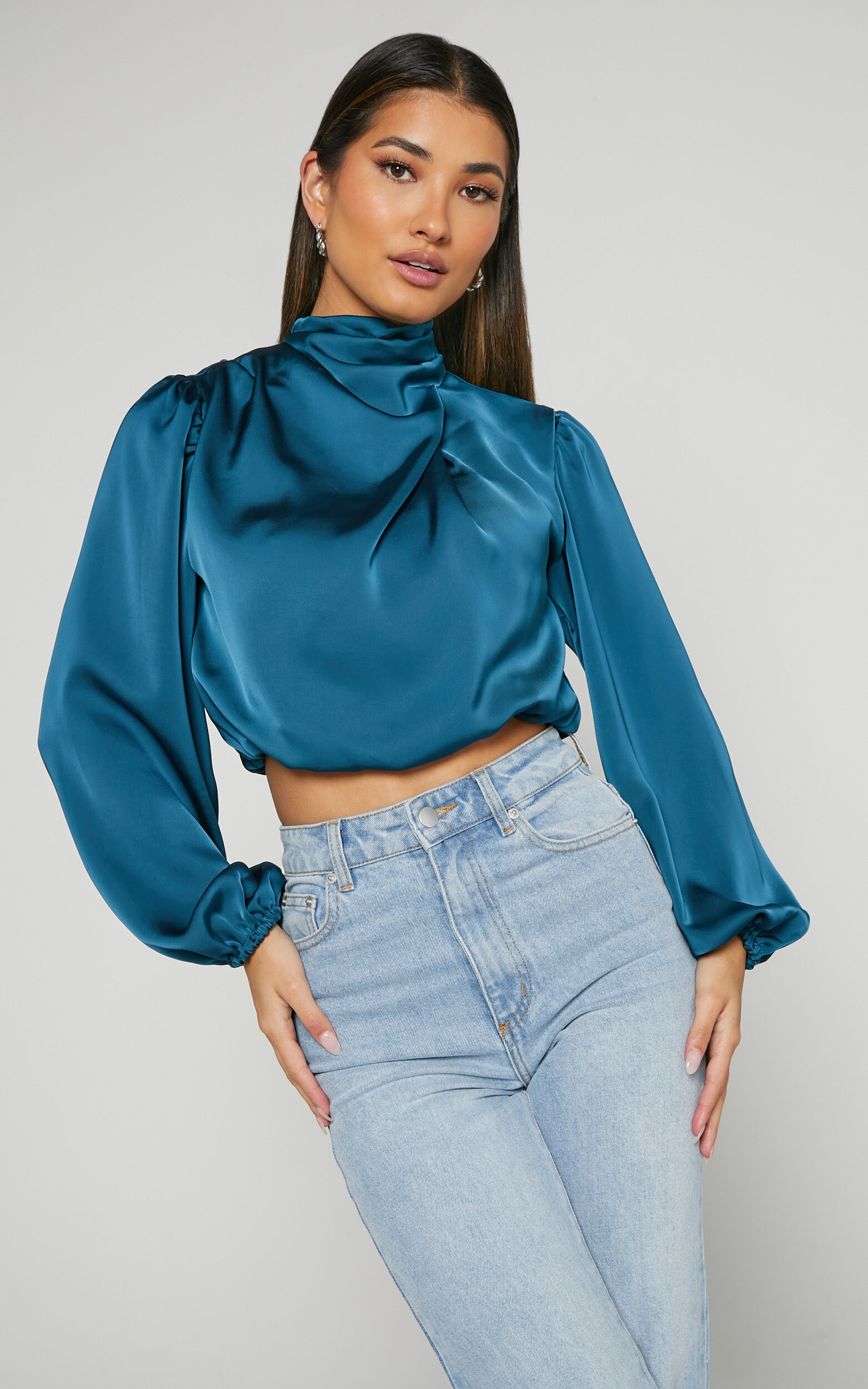Lila Top High Neck Draped Satin Long Sleeve Blouse in Teal