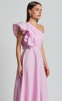 Dixie Midi Dress - Linen Look One Shoulder Ruffle Dress in Pink