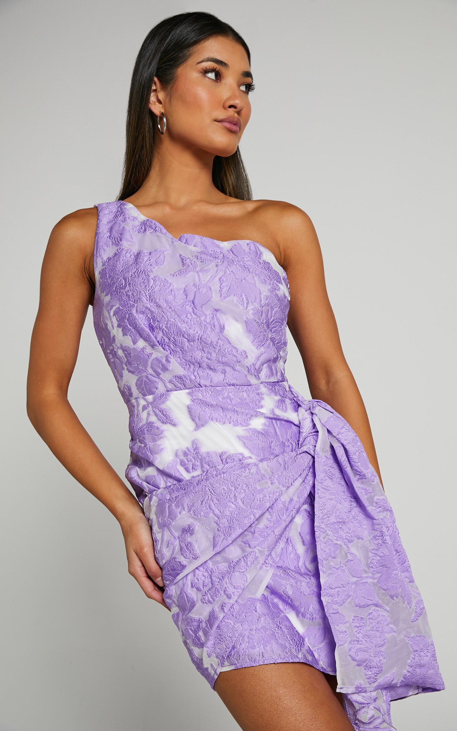 Brailey Mini Dress - One Shoulder Wrap Front Dress in Purple Jacquard