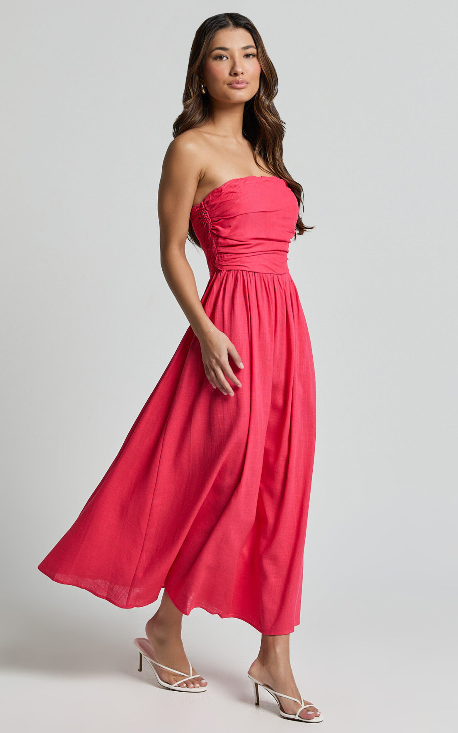 Polly Midi Dress - Strapless Ruched Dress in Lipstick Pink | Showpo
