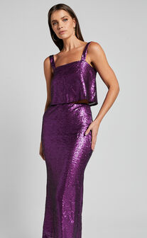 Mirabel Two Piece Set - Sequin Cami Top and Midi Skirt Set in Amethyst