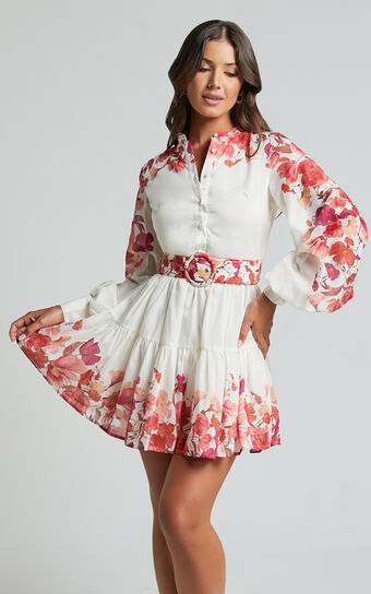 Becky Mini Dress - Long Bishop Sleeve Tiered Dress in Wildflower Print Showpo