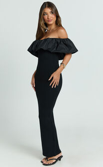 Carol Maxi Dress - Off Shoulder Frill Neckline Dress in Black