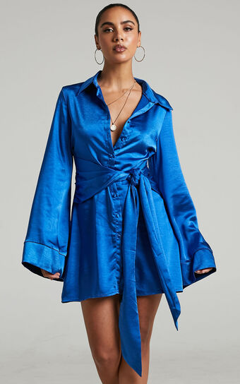 Hadid Mini Dress - Button Down Waist Tie Shirt Dress in Electric Blue