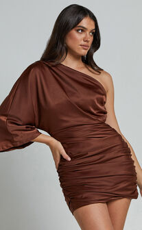 Carolleen Mini Dress - One Shoulder Ruched Bodycon Satin Dress in Chocolate