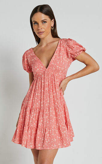 Isla Mini Dress - V Neck Tiered Dress in Coral Floral