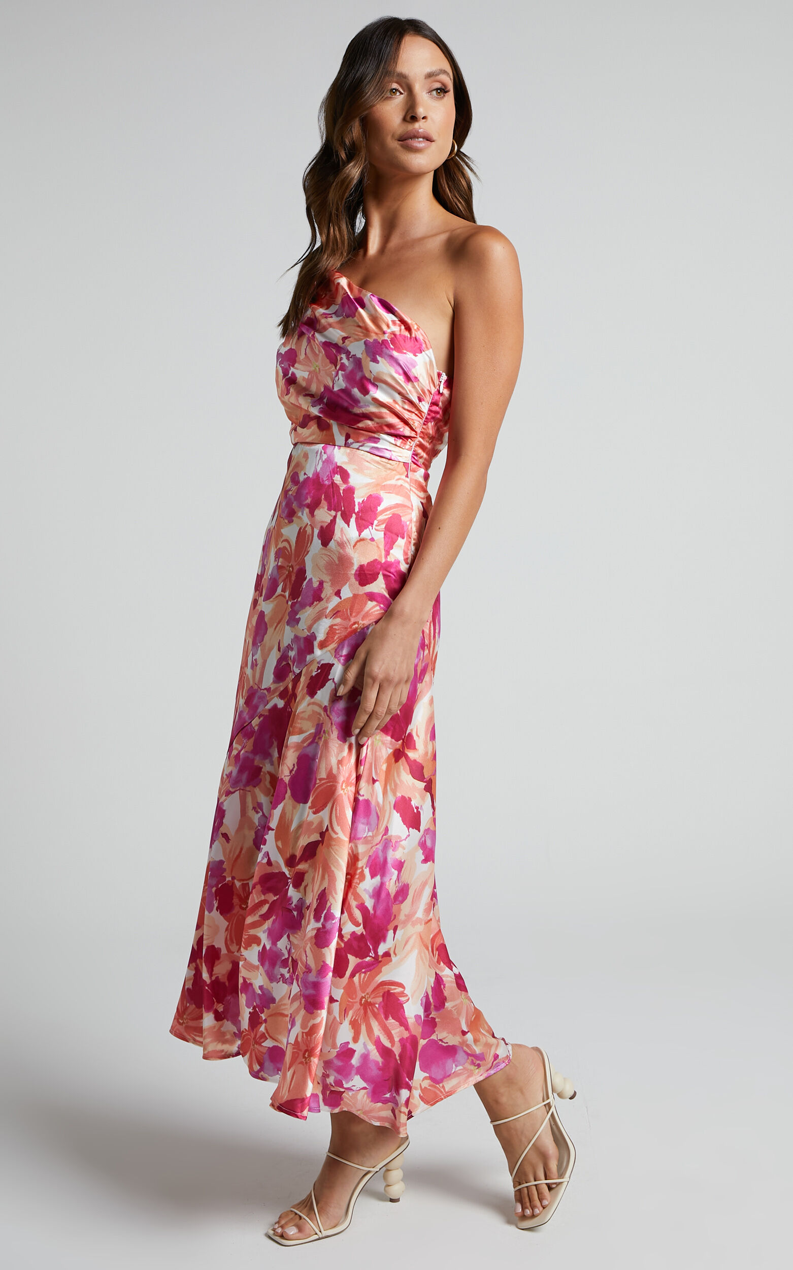 Alyssia Midi Dress One Shoulder Ruched Satin Dress in Pink Floral