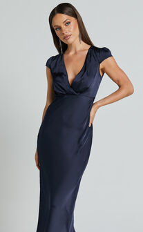 Marleen Midi Dress - Wrap Front Cap Sleeve Satin Bias Cut Dress in Midnight Blue
