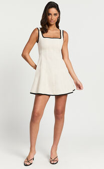 Antoni Mini Dress - Linen Look Ruched Back Square Neck Fit and Flare Dress in Natural