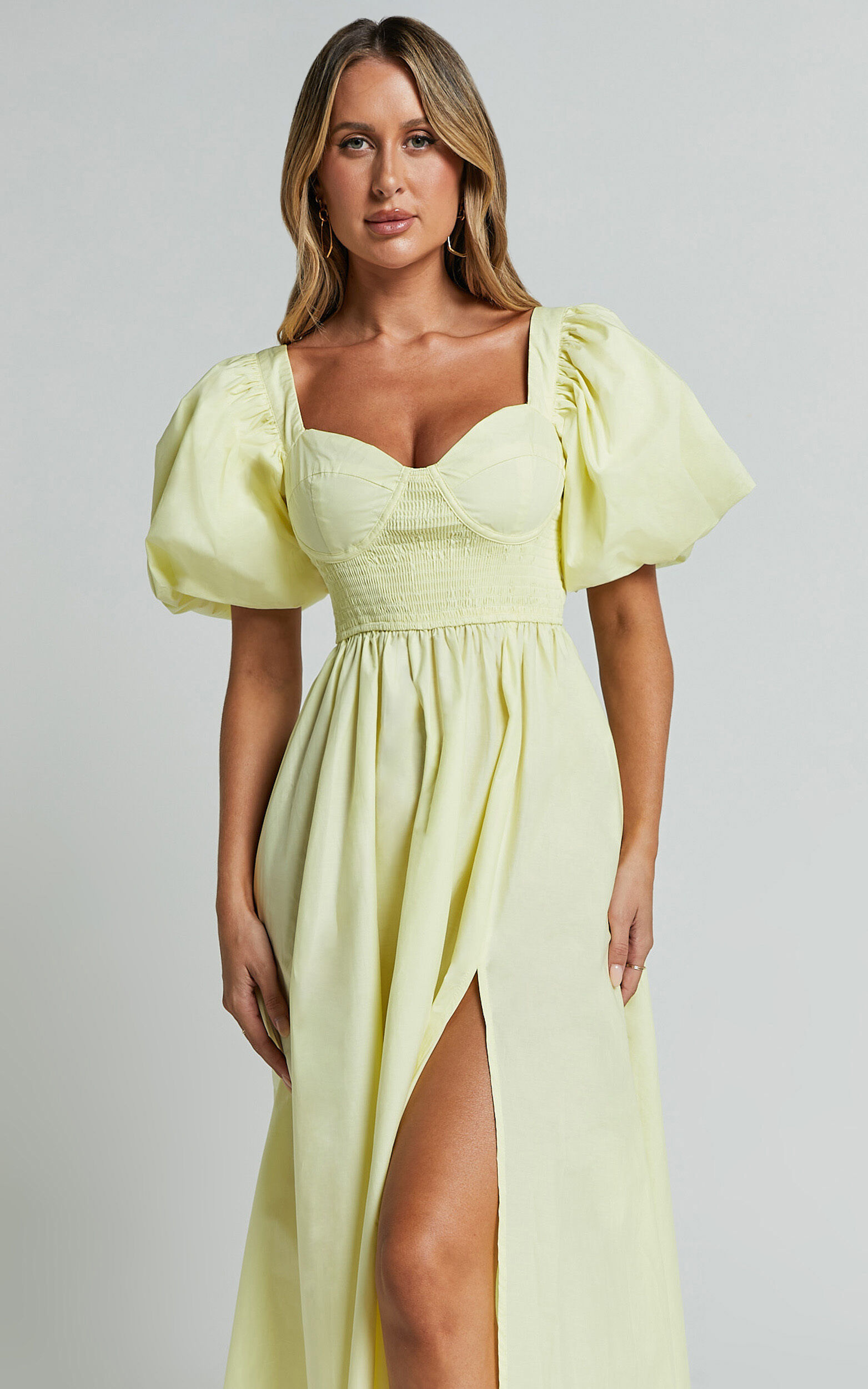 Raiza Midi Dress Shirred Waist Puff Sleeve Dress in Lemon Showpo