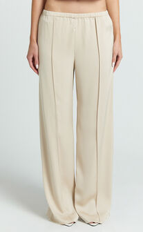 Faye Pants - Low Waist Elastic Waist Wide Leg Pants in Neutral