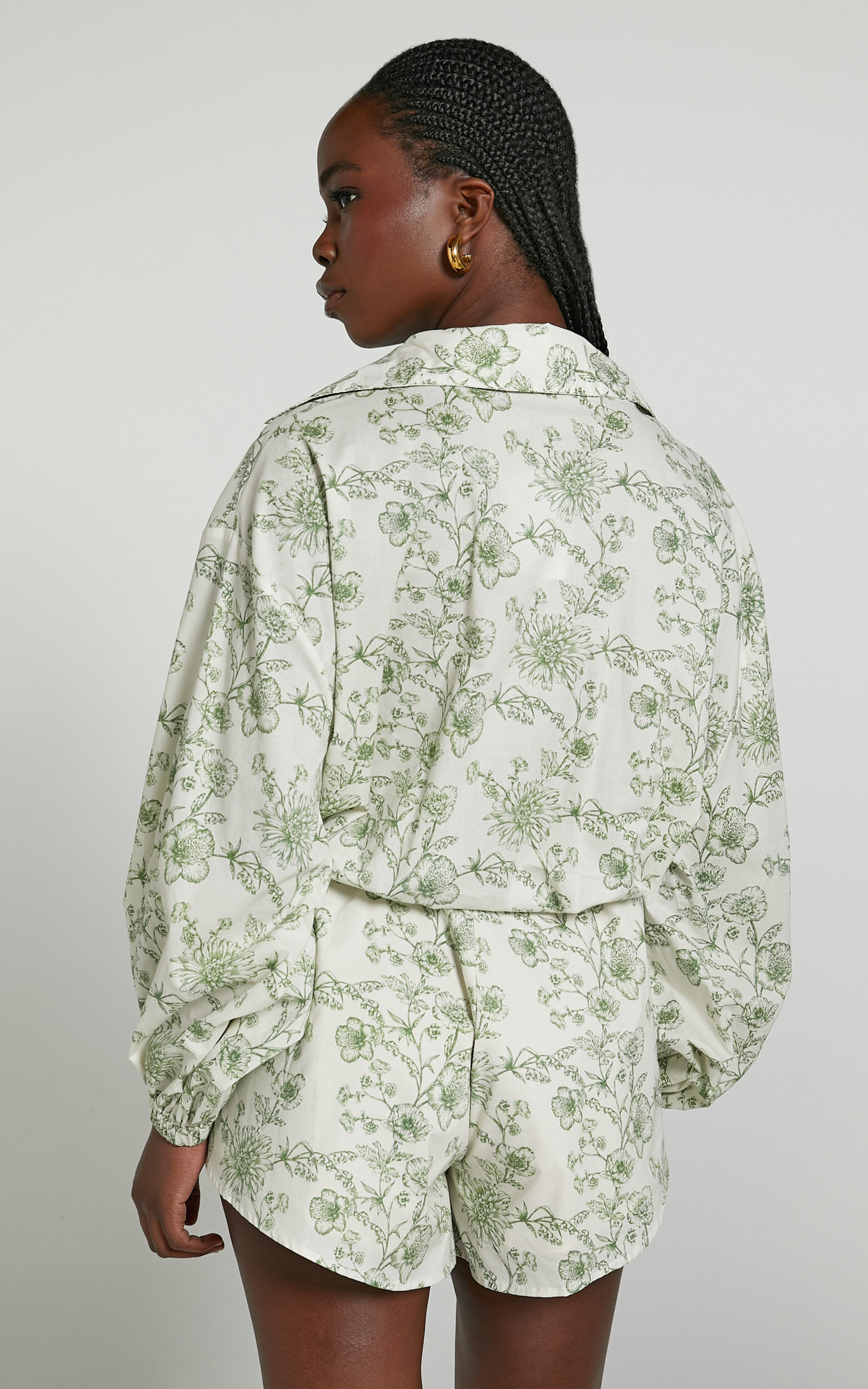 Anka Playsuit Relaxed Button Front Shirt Playsuit in Green Floral