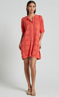 Tully Mini Dress - Knitted Button Through Shift Dress in Coral