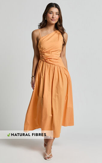 Ebony Midi Dress - Asymmetrical Cut Out Dress in Orange