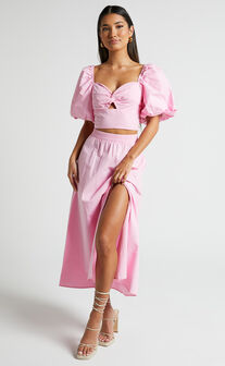 Alpha Two Piece Set - Linen Look Puff Sleeve Twist Bodice Top Midi Skirt in Light Pink