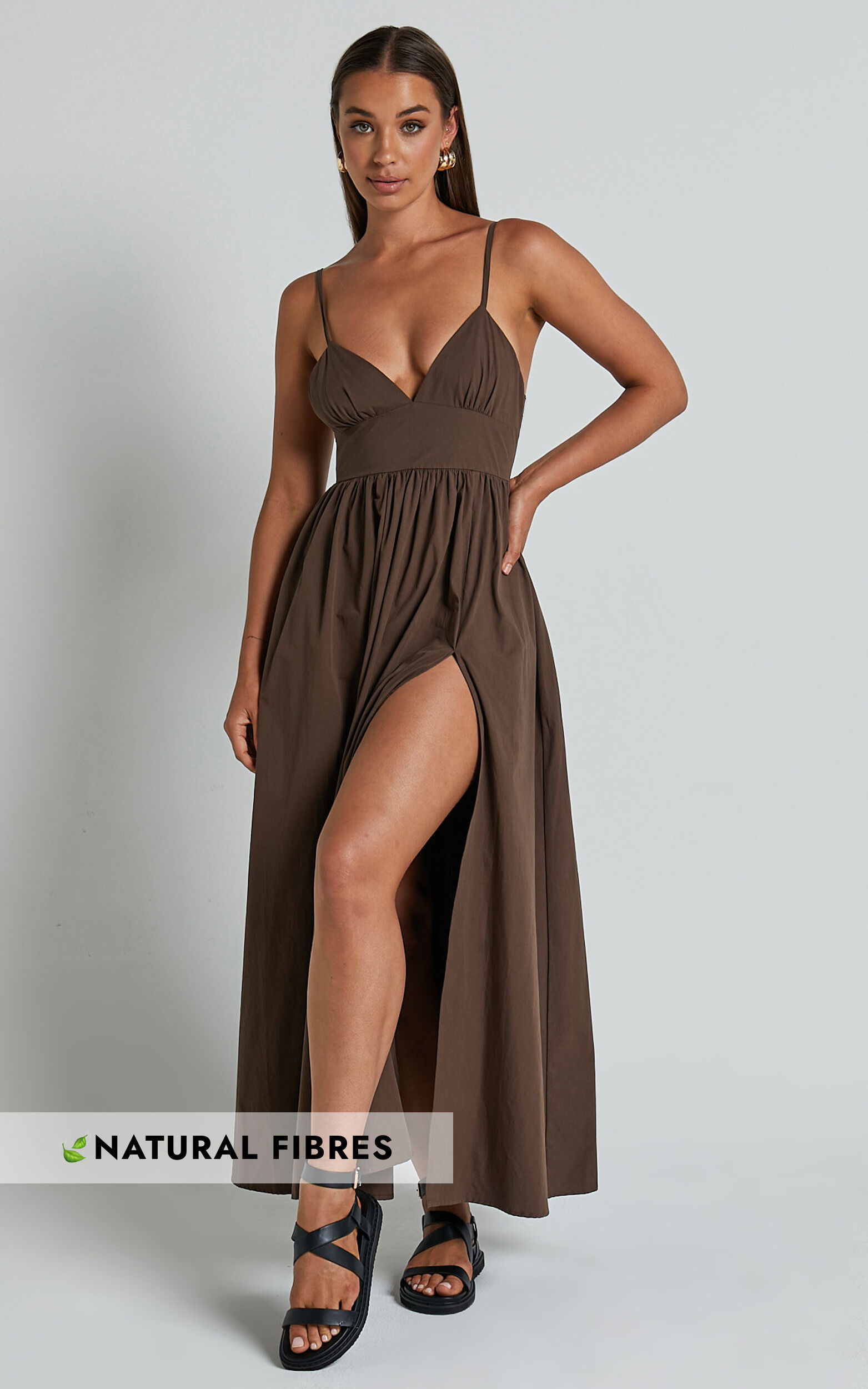 Haydie Maxi Dress - V Neck Thigh Split Dress in Chocolate - 04, BRN1