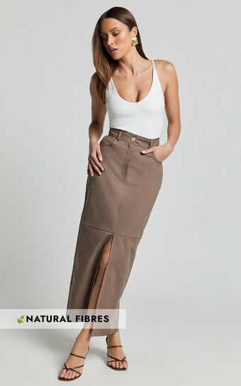 Vanna Midi Skirt - High Waisted Front Slit Skirt in Mocha