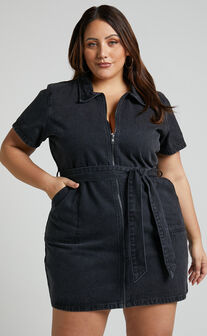 Nandini Mini Dress - Zip Through Denim Dress in Black Wash