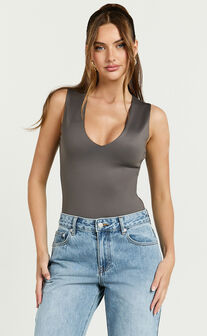 Charlotte Bodysuit - V Neck Bodysuit in Charcoal