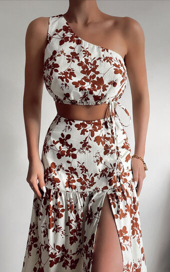 Meghan Two Piece Set - One Shoulder Crop Top and Midi Skirt Set in Shadow Floral