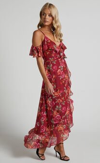 Warrior Midi Dress - Cold Shoulder Ruffle Top Dress in Autumn Rose
