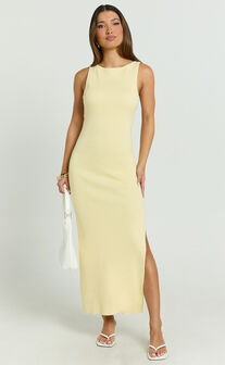 Perrie Midi Dress - High Neck Sleeveless Scoop Back Fitted Leg Split Skirt Dress in Lemon