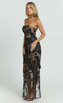 Sienna Maxi Dress - 3D Floral Strapless Column Dress in Black