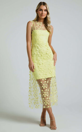 Hazel 3D Flower Net Bodycon Midi Dress in Lemon